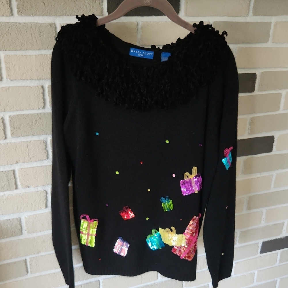 Karen Scott Christmas Sweater Sequin Presents Black Holiday Party